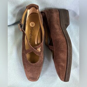 Yves Saint Laurent YSL Brown Suede Criss Cross Strap Mary Jane Chunky Heels